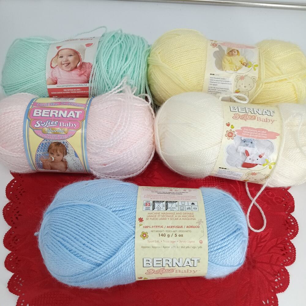 5X Bernat Softee Baby Yarn Skeins Lot BABY Pink Yellow Blue Green 5oz 362 Yds